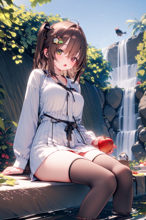  (masterpiece),(best quality),1girl, waterfall, solo, food, holding food, fruit, outdoors, breasts, tree, brown hair, heterochromia, sitting, holding fruit, holding, water, hair ornament, multicolored hair, ahoge, apple, thighhighs, day, large breasts, long sleeves, open mouth, green eyes, bangs, feet out of frame, bird, brown eyes, black thighhighs, colored inner hair, shirt, shrug \(clothing\), white shirt, hair between eyes
