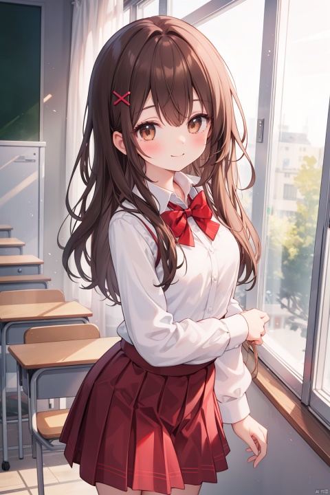 solo, 1girl, desk, skirt, brown hair, smile, curtains, shirt, indoors, red skirt, hair ornament, window, white shirt, looking at viewer, blush, long sleeves, school desk, school uniform, bow, closed mouth, long hair, sweater vest, brown eyes, red bow, pleated skirt, hairclip, collared shirt, bowtie, chair, x hair ornament, sunlight, classroom, backlighting, red bowtie