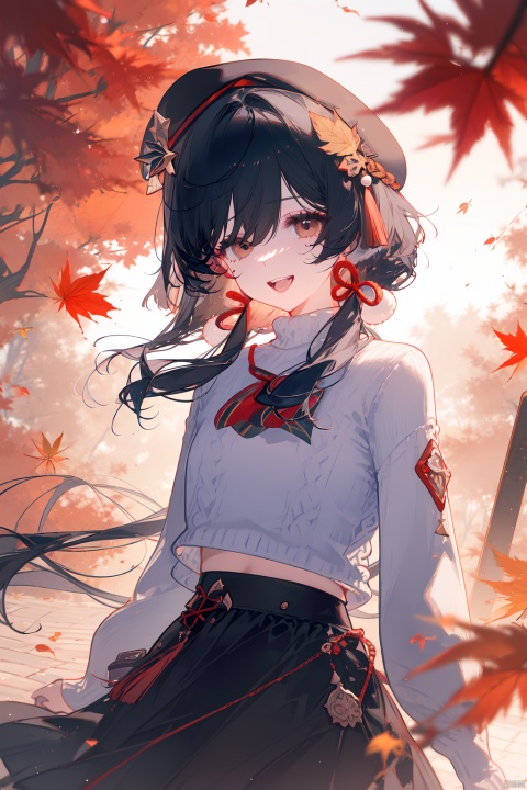 (masterpiece),(best quality),1girl, solo, skirt, long_hair, hat, maple_leaf, white_headwear, black_skirt, outdoors, long_sleeves, autumn_leaves, white_sweater, beret, bangs, smile, day, railing, red_ribbon, sweater, blurry, leaf, ribbon, very_long_hair, hair_between_eyes, depth_of_field, open_mouth, :d, hair_ornament, blurry_background, autumn, neck_ribbon, mole_under_eye, hand_up, puffy_long_sleeves, wind, puffy_sleeves, black_hair, brown_eyes, turtleneck