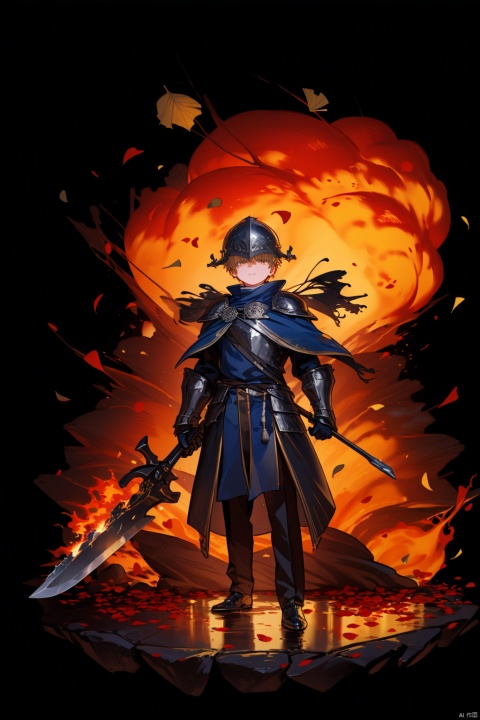  1boy, solo, best quality, white background, simple background, male focus, falling leaves, falling petals, standing, blonde hair, helmet, blue cape, armor, vertical stripes, flaming sword, rose petals, embers, leaves in wind, autumn leaves, burning, confetti, flame, debris, petals on liquid, molten rock, shards, ginkgo leaf