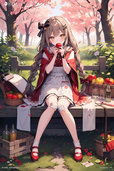  (best quality),(masterpiece),1girl, braid, solo, knife, flower, tree, bottle, sitting, long_hair, twin_braids, basket, brown_hair, bird, rose, hood, bow, little_red_riding_hood_\(grimm\), socks, mushroom, very_long_hair, nature, white_socks, food, red_flower, shoes, yellow_eyes, outdoors, apron, watermark, hair_ornament, red_footwear, hair_bow, white_apron, looking_at_viewer, forest, bandaid, bandaid_on_leg, yellow_bow, apple, wine_bottle, mary_janes, fruit, red_rose, dress, brown_eyes