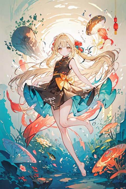  (masterpiece), (best quality),(illustration), ((chinese colorful ink)),wide shot, best quality, epic scenes, impactful visuals, 
1girl, solo, long hair, looking at viewer, blush, blonde hair, bow, brown eyes, very long hair,  dress, underwater,  barefoot,  jellyfish, bubble, bangs, coral, bare legs, sleeveless, full body,  air bubble, fish, 