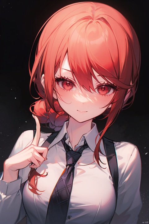makima \(chainsaw man\), solo, 1girl, shirt, black necktie, necktie, white shirt, red hair, looking at viewer, ringed eyes, collared shirt, braid, long sleeves, upper body, index finger raised, sidelocks, closed mouth, breasts, red eyes, braided ponytail