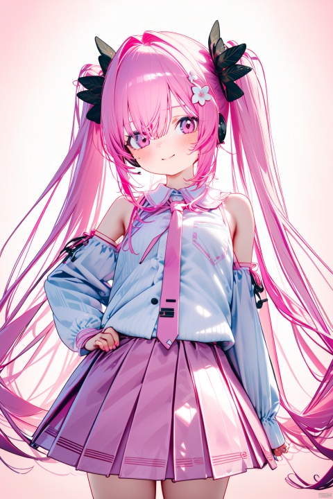  (masterpiece),(best quality),1girl, solo, sakura miku, hatsune miku, cherry hair ornament, necktie, pink hair, skirt, pink necktie, long hair, shirt, twintails, detached sleeves, pink skirt, hair ornament, pleated skirt, looking at viewer, pink eyes, food-themed hair ornament, white shirt, bangs, very long hair, sleeveless shirt, cherry blossoms, sleeveless, pink theme, closed mouth, collared shirt, cowboy shot, smile, hair between eyes, headset, bare shoulders, blush, long sleeves, pink flower