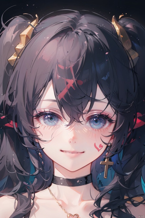  1girl, solo, impasto, realistic, best quality, portrait, looking at viewer, smile, ear piercing, horns, green eyes, black hair, long hair, twintails, bangs, bandaid on nose, heart tattoo, collar, cross earrings, necklace, baseball bat, black choker, body writing, chained, facepaint, facial mark, leash