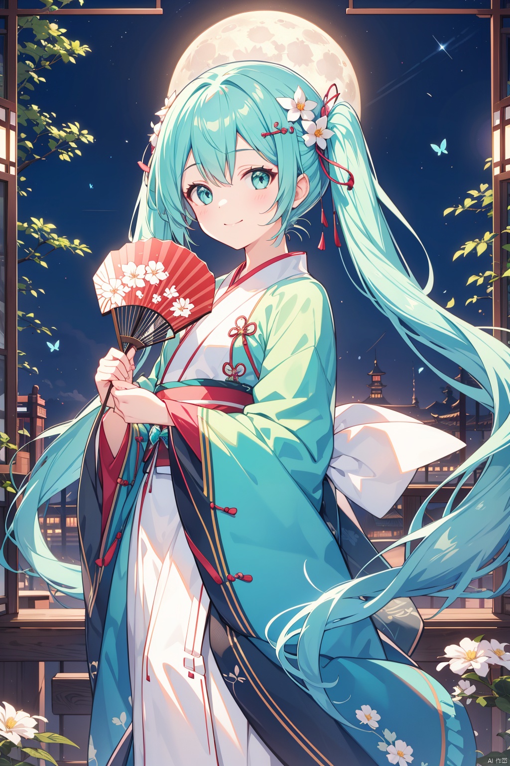 1girl, flower, paper fan, uchiwa, solo, hatsune miku, hand fan, long hair, holding, hair flower, hair ornament, shawl, chinese clothes, hagoromo, holding fan, butterfly, hanfu, bug, twintails, very long hair, wide sleeves, looking at viewer, moon, night, long sleeves, sky, white flower, bangs, aqua hair, smile, tassel, night sky, full moon