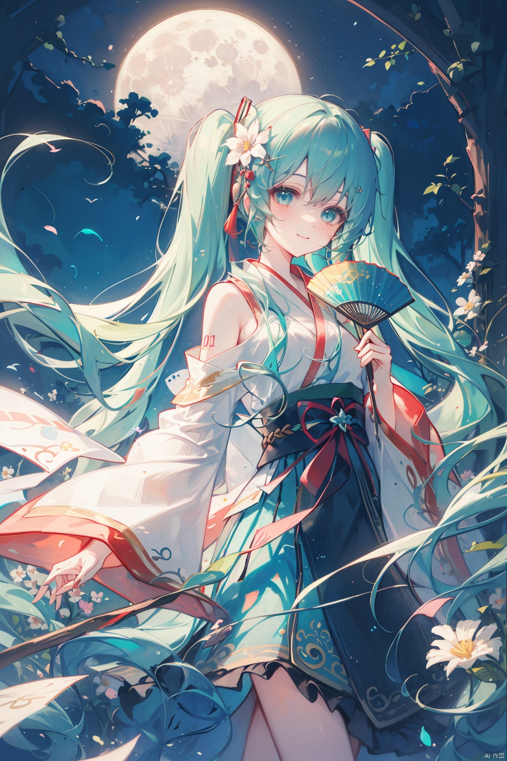 1girl, flower, paper fan, uchiwa, solo, hatsune miku, hand fan, long hair, holding, hair flower, hair ornament, shawl, chinese clothes, hagoromo, holding fan, butterfly, hanfu, bug, twintails, very long hair, wide sleeves, looking at viewer, moon, night, long sleeves, sky, white flower, bangs, aqua hair, smile, tassel, night sky, full moon