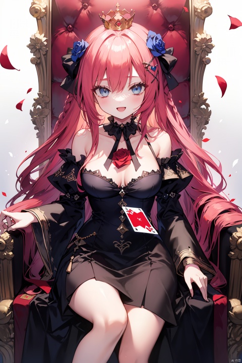  (best quality),(masterpiece),1girl, long_hair, playing_card, cup, crown, card, sitting, braid, very_long_hair, blue_eyes, flower, red_hair, dress, solo, petals, looking_at_viewer, smile, heart, detached_sleeves, rose, ribbon, spade_\(shape\), holding, open_mouth, holding_cup, breasts, hair_ribbon, red_flower, throne,hair_ornament, :d, ace_\(playing_card\), black_dress, bare_shoulders