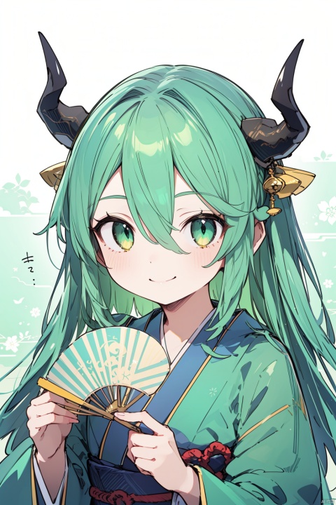  1girl, kiyohime \(fate\), solo, best quality, detailed, upper body, looking at viewer, holding fan, smile, dragon horns, closed mouth, yellow eyes, green eyes, hair between eyes, eyebrows visible through hair, long hair, green hair, aqua hair, bangs, kimono, wide sleeves, obi, folding fan, dragon girl, shaded face