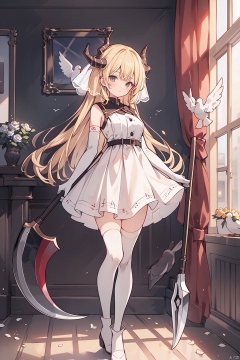  1girl, solo, best quality, aesthetic, detailed, full body, standing, holding weapon, holding scythe, horns, blonde hair, very long hair, bangs, breasts, veil, white dress, white footwear, white thighhighs, high heel boots, elbow gloves, bird, indoors, letterboxed