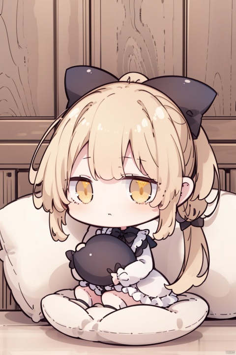  1girl, solo, pseudo impasto, best quality, looking at viewer, sitting, yellow eyes, blonde hair, twintails, hair bow, bangs, hair ribbon, side ponytail, white shirt, dress, long sleeves, frilled sleeves, object hug, black bow, pillow
