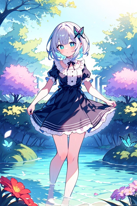  (best quality),(masterpiece),(masterpiece, best quality:1.2), illustration, absurdres, highres, extremely detailed, 1 girl, white short hair, eye highlights, dress, short puffy sleeves, frills, outdoors, flower, fluttering petals, full body, depth of field,chromatic aberration abuse,pastel color, Depth of field,garden of the sun,shiny,flowers, garden, 1girl, butterfly style, butterflies, ultra detailed, glary,Light, light particles,glitter,reflect,Put one hand on your chest,C4D,3D,bright,outdoors,gifts,candys,More details,flower ocean,winter,snowflakes,splashing water,falling petals,beautiful and delicate water,((beautiful eyes)),very delicate light,perfect and delicate limbs,nature,painting,water spray,fine luminescence,very fine 8K CG wallpaper,Lavender eyes,pink pupils,whole body,bright eyes,(an extremely delicate and beautiful girl:1.4),big eyes,eye highlights,watery eyes,looking_at_viewer,outdoors,look at the screen,Touching,

