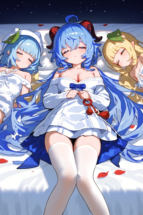 sleeping, blue_hair, multiple_girls, 3girls, closed_eyes, horns, long_hair, ganyu_(genshin_impact), breasts, thighhighs, ahoge, white_dress, bangs, dress, lying, leaf_on_head, very_long_hair, petals, bare_shoulders, cleavage, leaf, on_back, on_side, parted_lips, long_sleeves, bed_sheet, white_headwear, medium_breasts, white_thighhighs, drill_hair, sidelocks, short_hair, blunt_bangs, hair_between_eyes, pillow, closed_mouth, zettai_ryouiki, off_shoulder, frills, large_breasts, animal_ears, raccoon_ears, feet_out_of_frame, blush, on_bed, strap_slip, twintails, pointy_ears, off-shoulder_dress, hat