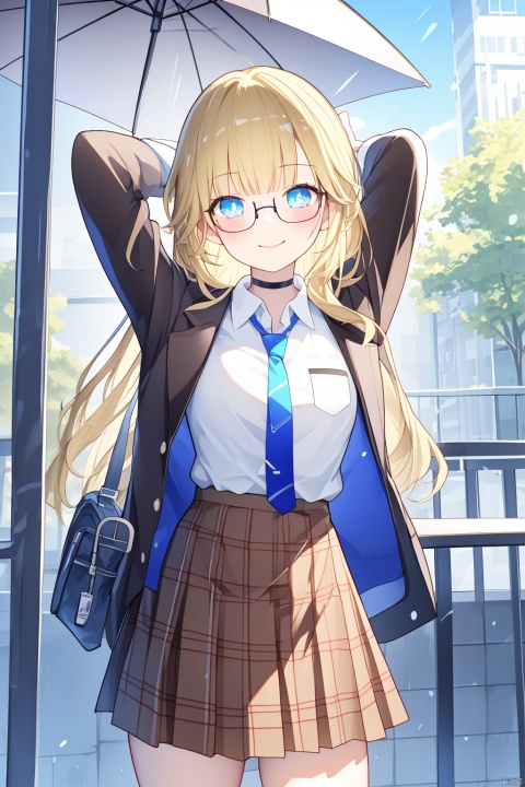 1girl, skirt, shirt, solo, long hair, jacket, necktie, glasses, white shirt, smile, blue eyes, blue necktie, arms up, blonde hair, looking at viewer, pleated skirt, long sleeves, umbrella, plaid skirt, choker, school uniform, bangs, collared shirt, bag, holding, holding umbrella, open jacket, rabbit, plaid, parted lips, brown skirt, day, outdoors, blush, transparent umbrella, open clothes, cowboy shot, black jacket, shirt tucked in, breasts