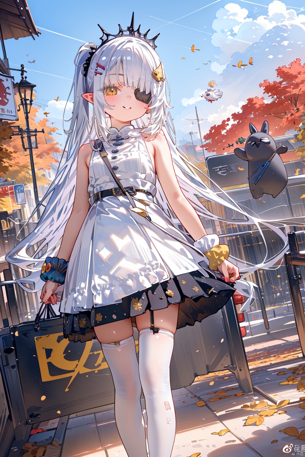 dress, thighhighs, white dress, eyepatch, smile, outdoors, white thighhighs, bag, long hair, wrist scrunchie, weibo username, pointy ears, blue sky, yellow eyes, looking at viewer, multiple girls, hair ornament, leaf, weibo logo, day, falling leaves, sky, scrunchie, sleeveless dress, bare shoulders, sleeveless, hairclip, solo focus, 3girls, autumn leaves, tiara, wrist cuffs, blush, very long hair, one eye covered, standing, feet out of frame, white hair