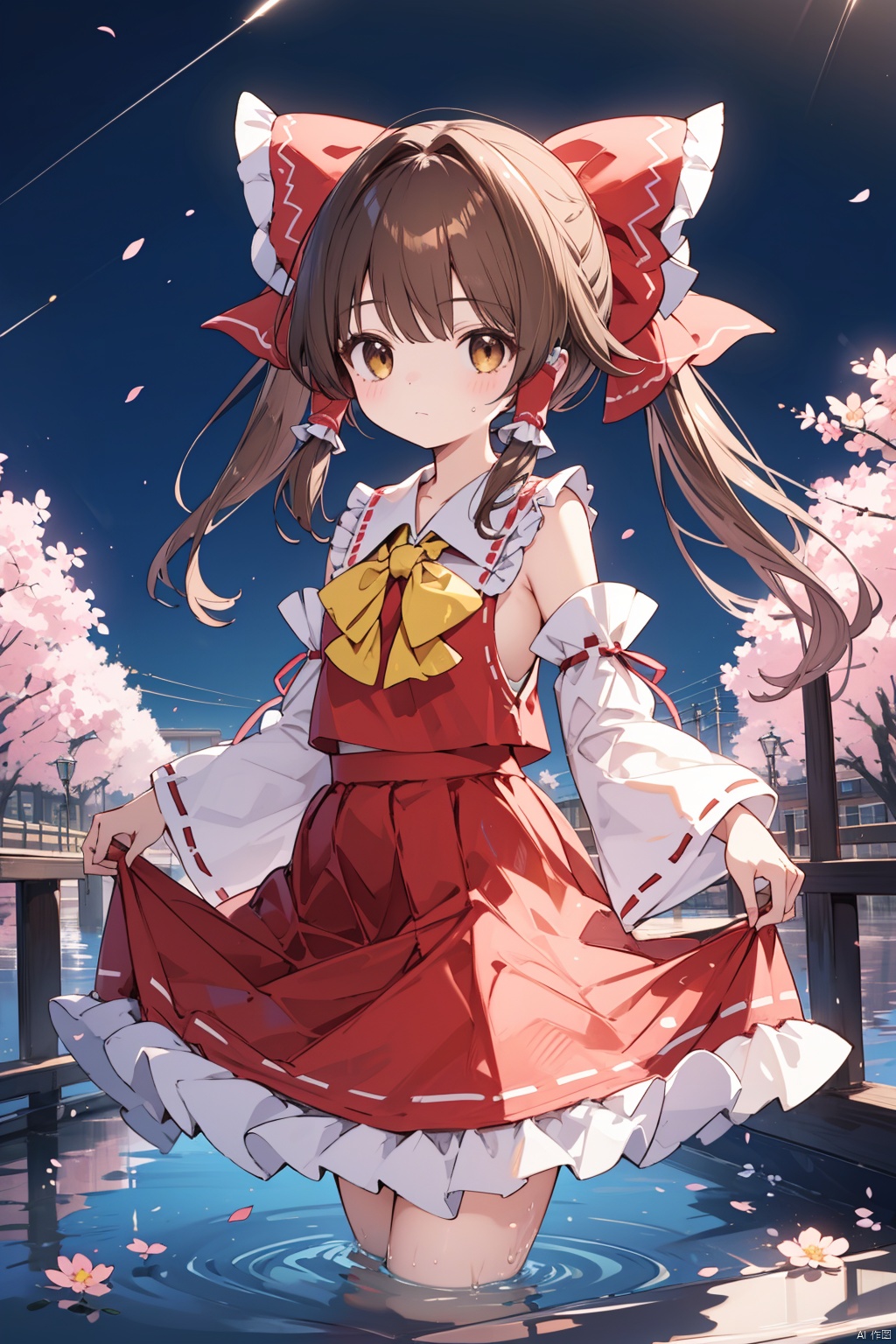 1girl, bow, solo, long hair, hakurei reimu, skirt, detached sleeves, red skirt, red bow, hair tubes, brown hair, hair bow, skirt hold, frills, yellow bow, yellow bowtie, frilled bow, wide sleeves, looking at viewer, bangs, ribbon trim, bowtie, brown eyes, wading, ribbon-trimmed sleeves, frilled hair tubes, cherry blossoms, closed mouth, sidelocks, water, shirt, red shirt, night