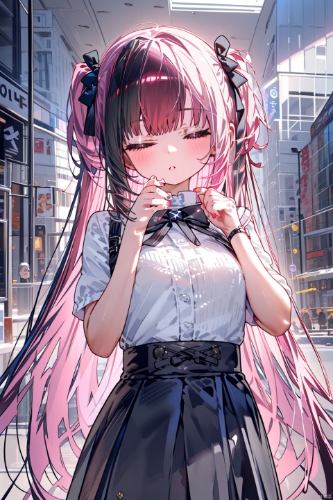  (best quality),(masterpiece),1girl, black skirt, skirt, shirt, two side up, black hairband, bangs, pink hair, white shirt, black bow, very long hair, short sleeves, holding, hair bow, long hair, spoken question mark, parted lips, 1boy, hairband, bow, red eyes, blush, medium breasts, black hair, ?, breasts, looking at viewer, closed eyes, hands up, virtual youtuber, hair intakes