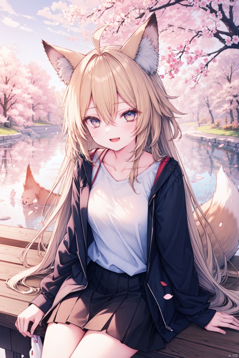  (masterpiece),(best quality),1girl, solo, animal ears, smile, tail, sitting, outdoors, fox ears, fox tail, looking at viewer, long hair, blonde hair, skirt, animal ear fluff, ahoge, long sleeves, :d, bangs, shirt, day, cherry blossoms, very long hair, black skirt, blush, petals, pleated skirt, fox girl, hair between eyes, collarbone, tree, open mouth