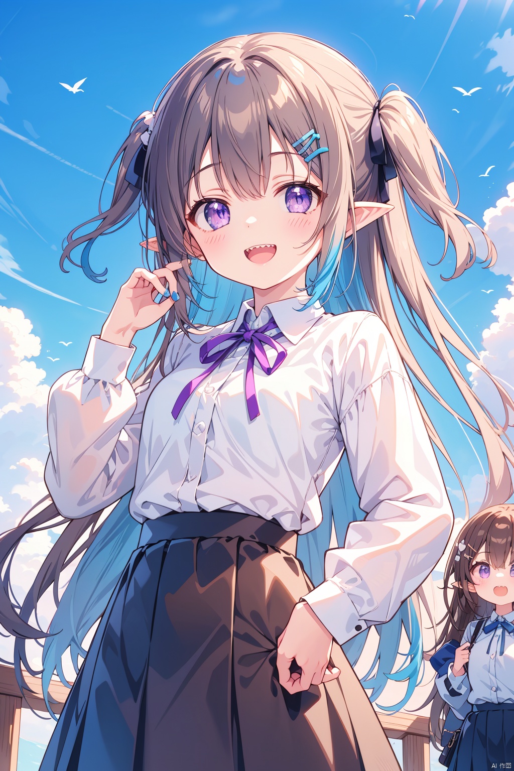 purple eyes, shirt, long hair, skirt, white shirt, pointy ears, long sleeves, smile, blue hair, black ribbon, looking at viewer, ribbon, black skirt, collared shirt, open mouth, bird, blush, hair ornament, very long hair, pleated skirt, teeth, neck ribbon, two side up, multiple girls, :d, purple nails, hand on own hip, hair ribbon, puffy long sleeves, nail polish, blue nails, puffy sleeves, blue sky, cloud, sharp teeth, sky, chibi, hand up, hand on own face, 1girl, hairclip, solo focus, brown hair, blue skirt