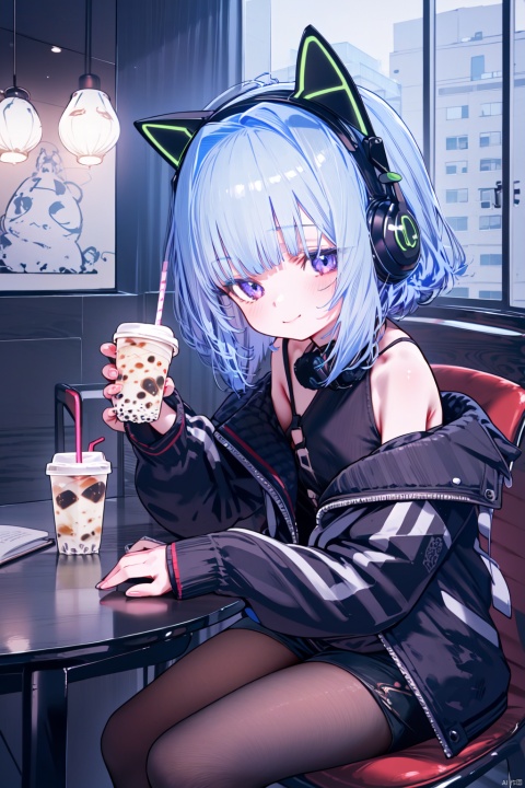  (masterpiece),(best quality),1girl, solo, purple eyes, headphones, sitting, holding, cup, looking at viewer, jacket, short hair, bare shoulders, fake animal ears, pantyhose, drinking straw, table, chair, off shoulder, book, closed mouth, shorts, sleeveless, smile, lantern, holding cup, indoors, bubble tea, open jacket, bangs
