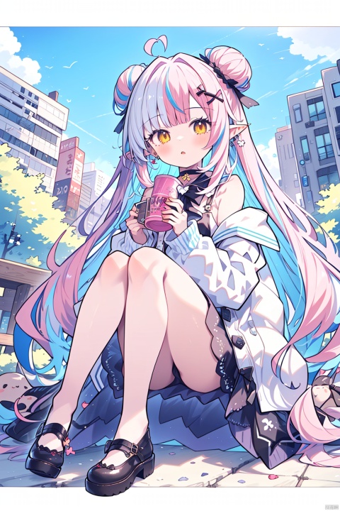  (best quality), (masterpiece),1girl, black footwear, sitting, long hair, double bun, jacket, solo, multicolored hair, shoes, hair bun, hair ornament, outdoors, black bow, looking at viewer, can, bangs, off shoulder, open jacket, white jacket, very long hair, parted lips, streaked hair, hair bow, open clothes, holding, bow, hairclip, pink hair, white hair, building, heart, bare shoulders, skirt, virtual youtuber, long sleeves, sleeves past wrists, choker, yellow eyes, black shirt, see-through, jewelry, earrings, shirt, full body, bare legs, holding can, pointy ears
