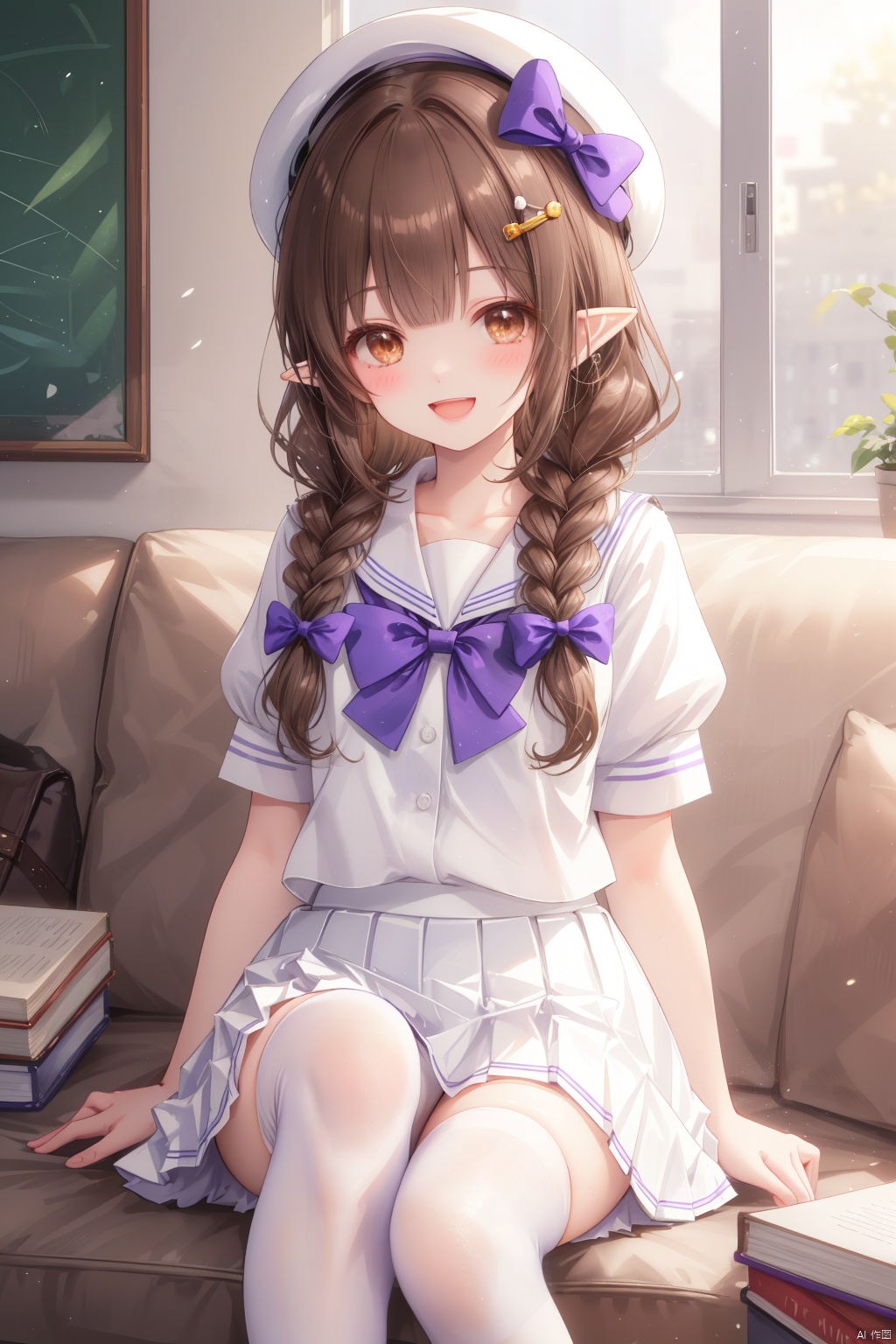 long hair, skirt, 1girl, very long hair, blurry, sitting, short sleeves, shirt, looking at viewer, purple shirt, white skirt, pointy ears, white thighhighs, school uniform, smile, thighhighs, blurry background, braid, twin braids, brown hair, puffy short sleeves, pleated skirt, puffy sleeves, bow, brown eyes, sailor collar, open mouth, bowtie, solo, hat, purple bow, depth of field, blush, couch, :d, solo focus, purple bowtie, cup, blunt bangs, book, hair ornament