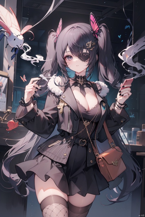  1girl, solo, best quality, detailed, looking at viewer, holding, black eyes, eyepatch, black hair, twintails, hair ornament, breasts, skirt, thighhighs, fishnets, black nails, nail polish, smoke, handbag, heart, phone, butterfly, beetle, dragonfly, spider, airplane, crab