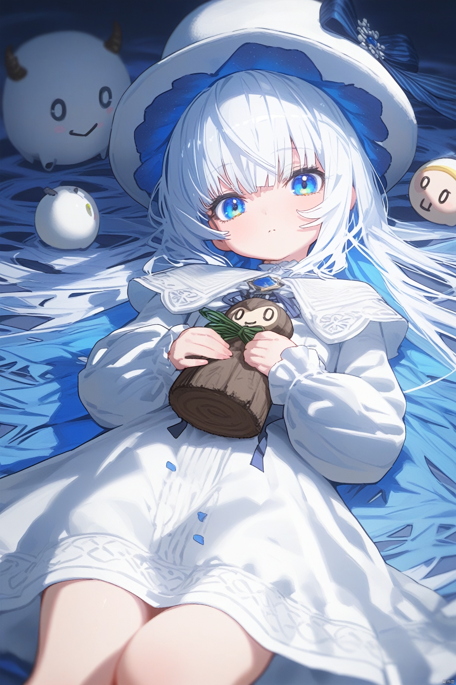 1girl, solo, blue_eyes, long_hair, lying, looking_at_viewer, dress, long_sleeves, on_back, hat, holding, white_hair, white_dress