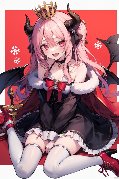  (best quality), (masterpiece),crown, 1girl, mini_crown, smile, thighhighs, long_sleeves, red_footwear, :d, open_mouth, holding, hair_between_eyes, pink_hair, frills, wings, horns, frilled_sleeves, solo, looking_at_viewer, stuffed_toy, sitting, stuffed_animal, choker, red_eyes, black_thighhighs, dress, fur_trim, long_hair,shoes, between_legs, staff, scepter, flower, collarbone, blush, red_cape, cape, wide_sleeves, demon_horns, ribbon, frilled_dress, holding_staff, demon_tail, hand_between_legs, sleeves_past_wrists