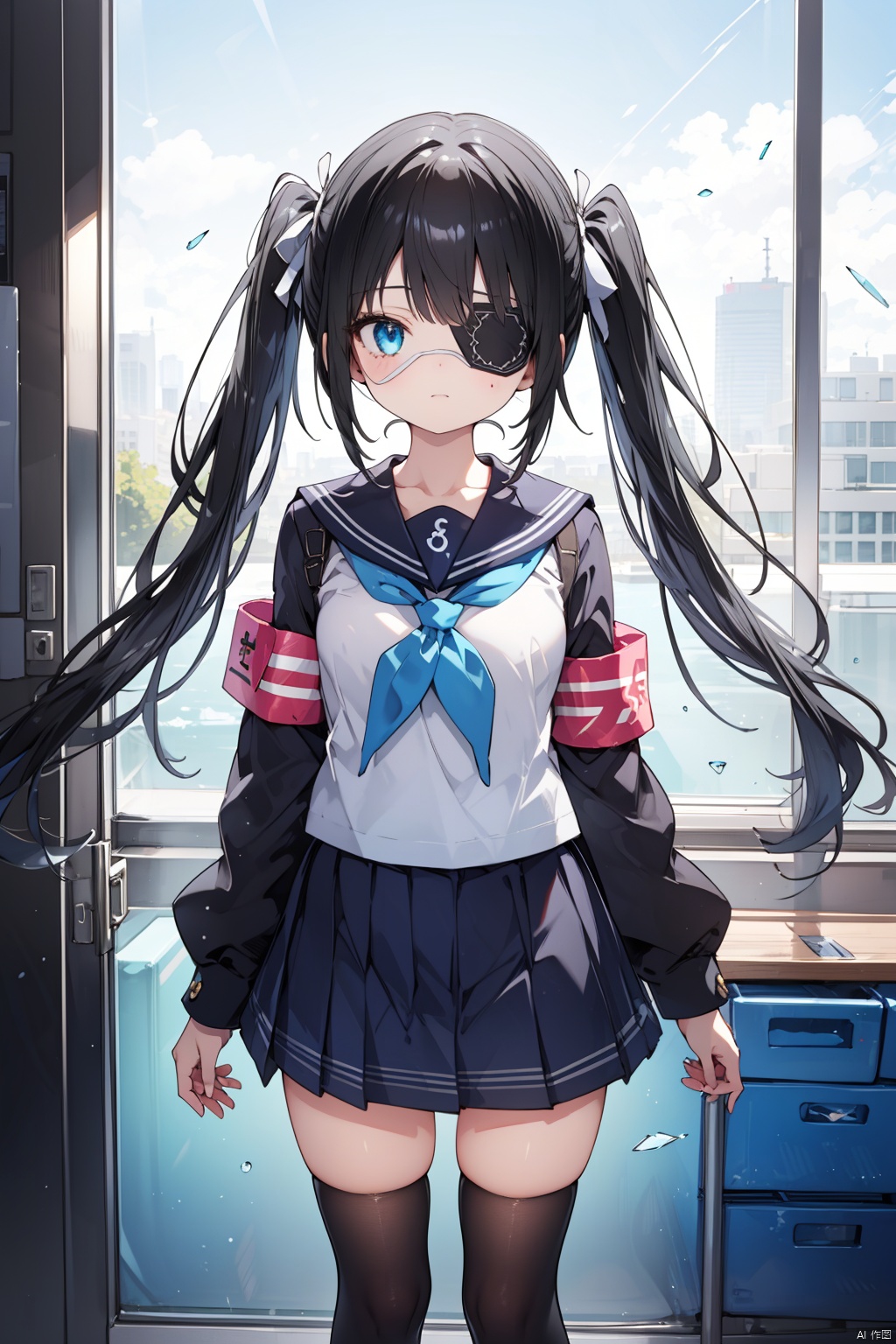 1girl, solo, thighhighs, school uniform, twintails, skirt, broken glass, long hair, eyepatch, low twintails, holding, black thighhighs, looking at viewer, sailor collar, serafuku, green neckerchief, blue eyes, pleated skirt, armband, book, long sleeves, bangs, neckerchief, glass, standing, black hair, zettai ryouiki, shirt, holding book, collarbone