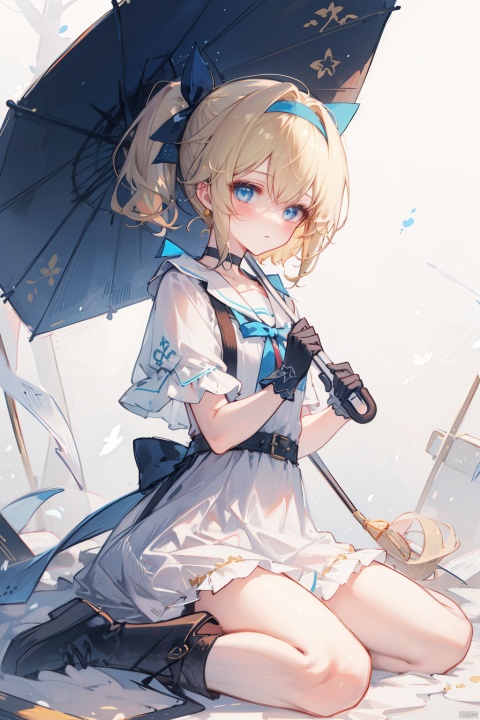  (best quality),(masterpiece),1girl, solo, ribbon, choker, blonde_hair, umbrella, side_ponytail, hairband, blue_eyes, single_glove, sitting, hair_ribbon, short_hair, black_choker, dress, gloves, wariza, blush, white_background, closed_umbrella, looking_at_viewer, boots, white_dress