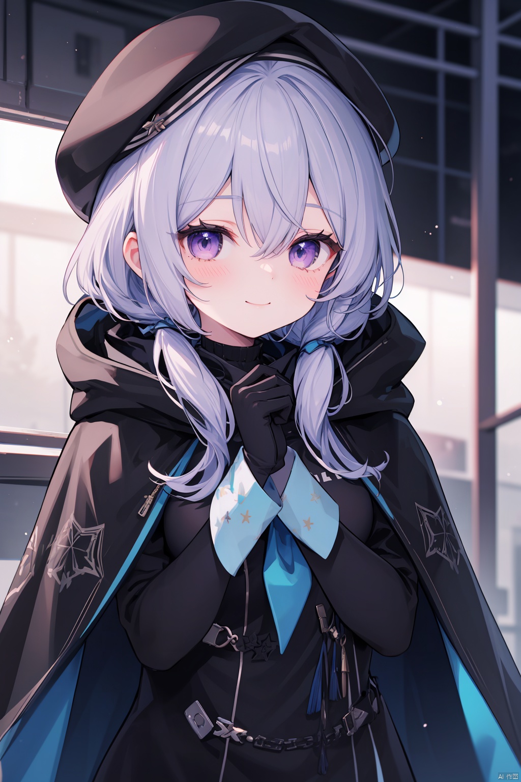  1boy, 1girl, androgynous, virtual youtuber, solo, best quality, blurry background, upper body, male focus, looking at viewer, holding umbrella, smile, closed mouth, pink eyes, hair between eyes, purple eyes, blue hair, short hair with long locks, long hair, sidelocks, bangs, breasts, black gloves, elbow gloves, blue gloves, black shirt, blue cloak, white cloak, hooded cloak, hood down, black ribbon, blue headwear, otoko no ko, infection monitor \(arknights\), beret, hand up, blue neckerchief, hands up, blurry foreground, depth of field, motion blur, chromatic aberration