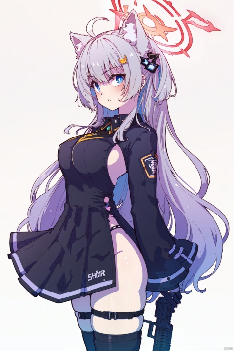  (best quality),(masterpiece),1girl, weapon, shiroko \(blue archive\), gun, solo, animal ears, breasts, long hair, halo, gloves, assault rifle, rifle, extra ears, black gloves, blue eyes, sig sauer, looking at viewer, v, long sleeves, hair ornament, grey hair, wolf ears, animal ear fluff, very long hair, large breasts, from side, ahoge, black dress, thigh strap, backless outfit, dress, cosplay