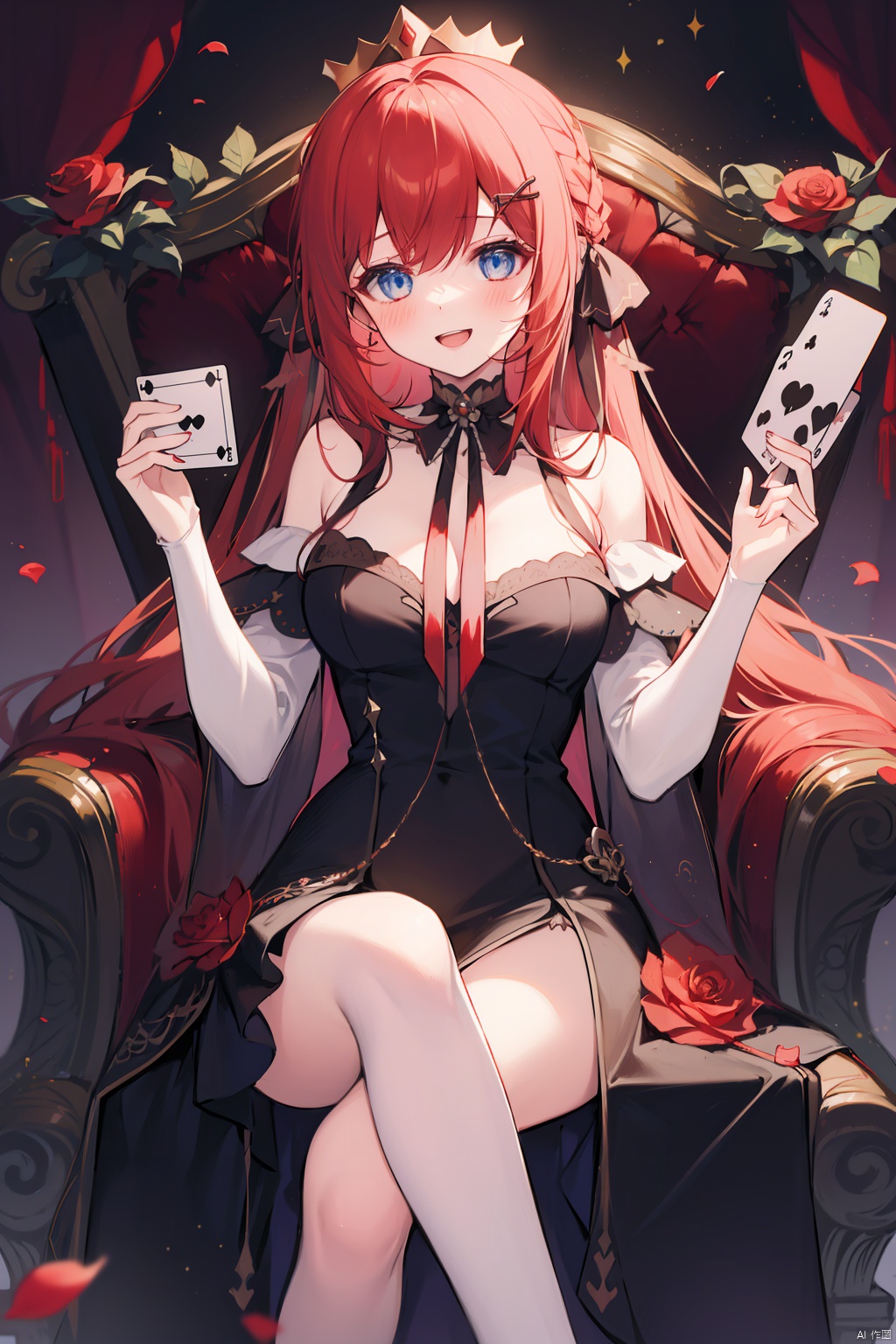  (best quality),(masterpiece),1girl, long_hair, playing_card, cup, crown, card, sitting, braid, very_long_hair, blue_eyes, flower, red_hair, dress, solo, petals, looking_at_viewer, smile, heart, detached_sleeves, rose, ribbon, spade_\(shape\), holding, open_mouth, holding_cup, breasts, hair_ribbon, red_flower, throne,hair_ornament, :d, ace_\(playing_card\), black_dress, bare_shoulders