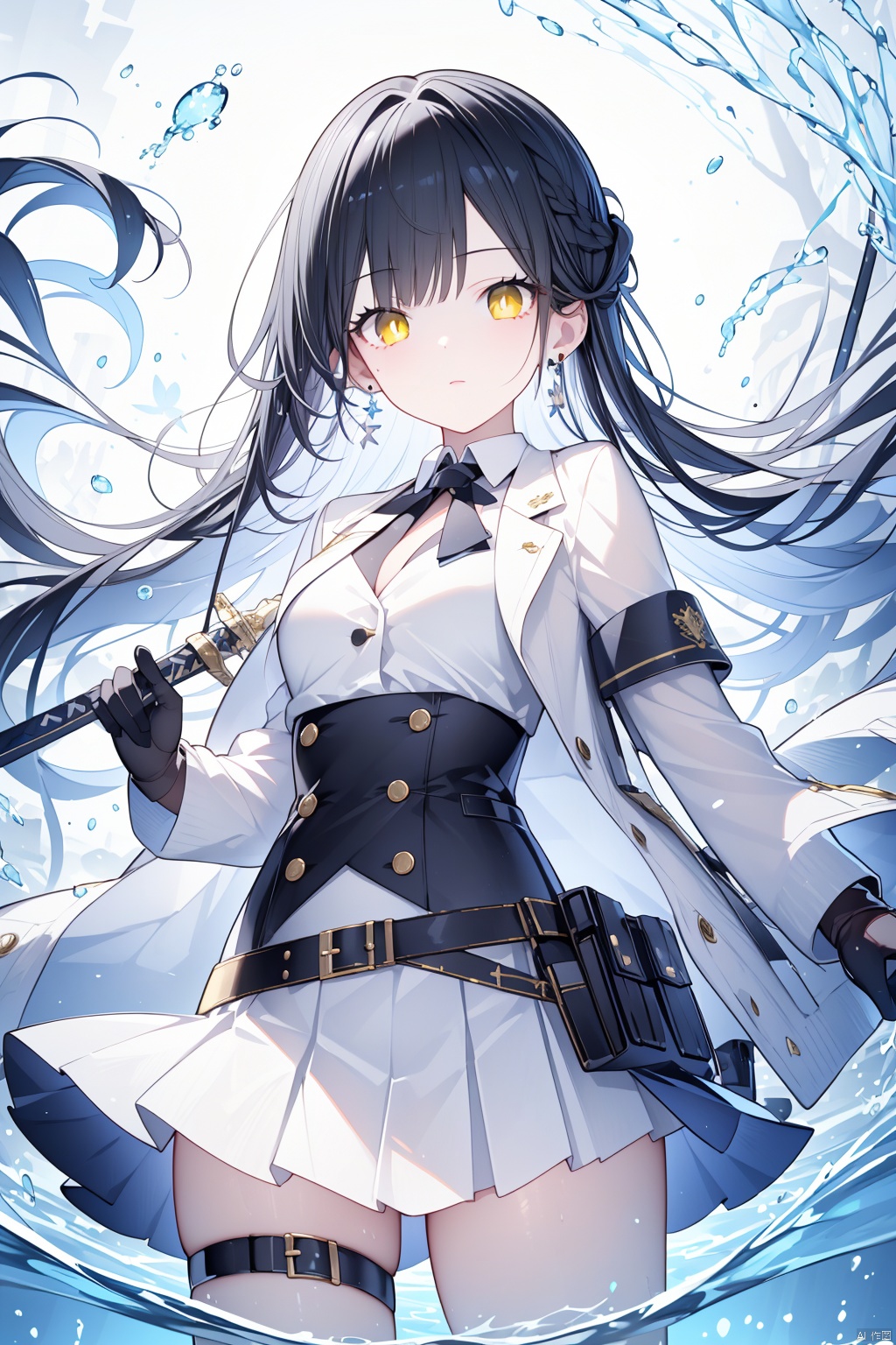 1girl, solo, weapon, holding, long hair, gloves, holding weapon, black gloves, sword, skirt, white skirt, earrings, jewelry, looking at viewer, holding sword, water, yellow eyes, jacket, sheath, white jacket, floating hair, cowboy shot, white background, thigh strap, belt, pleated skirt, breasts