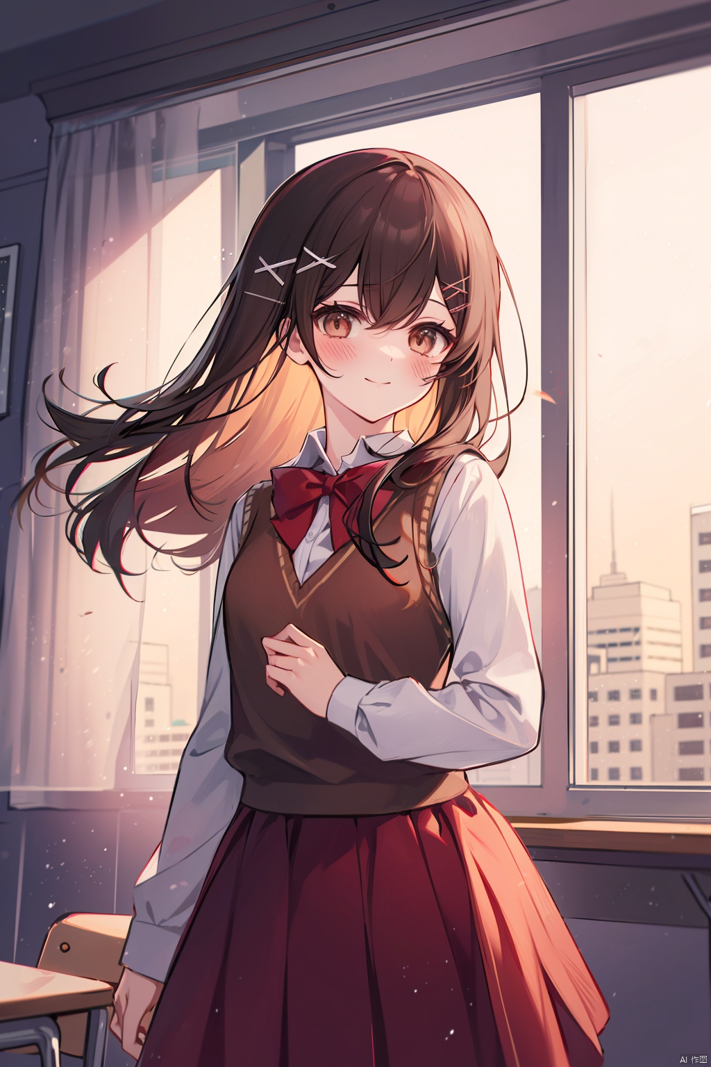 solo, 1girl, desk, skirt, brown hair, smile, curtains, shirt, indoors, red skirt, hair ornament, window, white shirt, looking at viewer, blush, long sleeves, school desk, school uniform, bow, closed mouth, long hair, sweater vest, brown eyes, red bow, pleated skirt, hairclip, collared shirt, bowtie, chair, x hair ornament, sunlight, classroom, backlighting, red bowtie