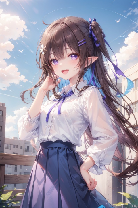 purple eyes, shirt, long hair, skirt, white shirt, pointy ears, long sleeves, smile, blue hair, black ribbon, looking at viewer, ribbon, black skirt, collared shirt, open mouth, bird, blush, hair ornament, very long hair, pleated skirt, teeth, neck ribbon, two side up, multiple girls, :d, purple nails, hand on own hip, hair ribbon, puffy long sleeves, nail polish, blue nails, puffy sleeves, blue sky, cloud, sharp teeth, sky, chibi, hand up, hand on own face, 1girl, hairclip, solo focus, brown hair, blue skirt