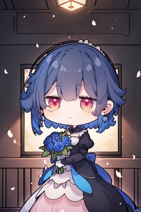  1girl, solo, best quality, detailed, looking at viewer, holding bouquet, red eyes, short hair, black hair, blue hair, breasts, black gloves, black dress, wedding dress, bridal veil, puffy sleeves, earrings, blue rose, white rose, black rose, pink rose, purple rose, light particles