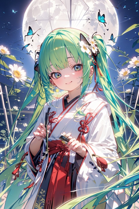 1girl, flower, paper fan, uchiwa, solo, hatsune miku, hand fan, long hair, holding, hair flower, hair ornament, shawl, chinese clothes, hagoromo, holding fan, butterfly, hanfu, bug, twintails, very long hair, wide sleeves, looking at viewer, moon, night, long sleeves, sky, white flower, bangs, aqua hair, smile, tassel, night sky, full moon