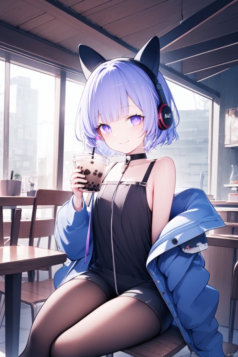  (masterpiece),(best quality),1girl, solo, purple eyes, headphones, sitting, holding, cup, looking at viewer, jacket, short hair, bare shoulders, fake animal ears, pantyhose, drinking straw, table, chair, off shoulder, book, closed mouth, shorts, sleeveless, smile, lantern, holding cup, indoors, bubble tea, open jacket, bangs