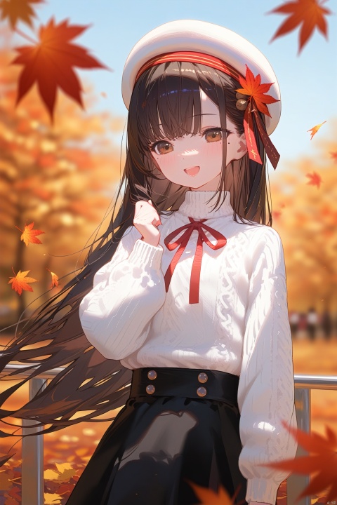 1girl, solo, skirt, long_hair, hat, maple_leaf, white_headwear, black_skirt, outdoors, long_sleeves, autumn_leaves, white_sweater, beret, bangs, smile, day, railing, red_ribbon, sweater, blurry, leaf, ribbon, very_long_hair, hair_between_eyes, depth_of_field, open_mouth, :d, hair_ornament, blurry_background, autumn, neck_ribbon, mole_under_eye, hand_up, puffy_long_sleeves, wind, puffy_sleeves, black_hair, brown_eyes, turtleneck