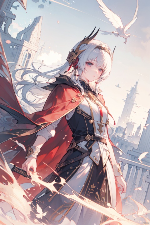 8k, best quality, masterpiece, illustration, an extremely delicate and beautiful, extremely detailed ,CG ,unity ,wallpaper, finely detail, official art,  unity 8k wallpaper, incredibly absurdres, quan,ban, cursed_left_arm,winged helmet,red cape,malenia_blade,