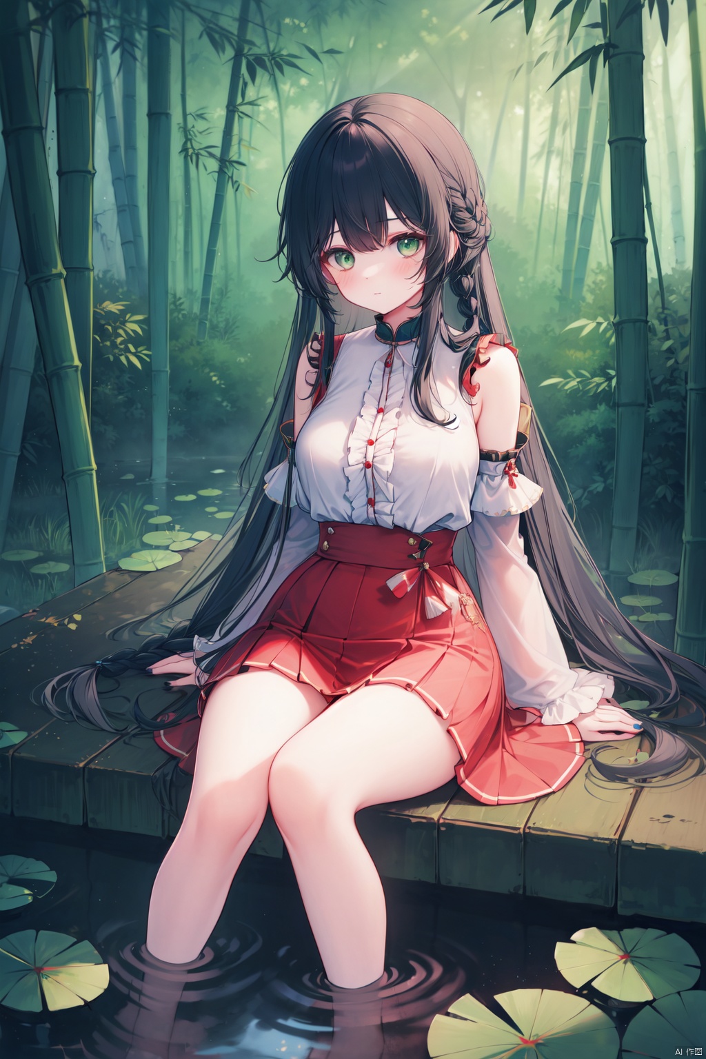  (masterpiece),(best quality),1girl, solo, green eyes, sitting, water, long hair, braid, outdoors, red skirt, feet out of frame, frills, skirt, detached sleeves, looking at viewer, nature, black hair, bangs, day, bamboo, nail polish, closed mouth, soaking feet, plant, bamboo forest, long sleeves, forest, wide sleeves, blush, breasts, leaf, lily pad, thighs, high-waist skirt, white sleeves