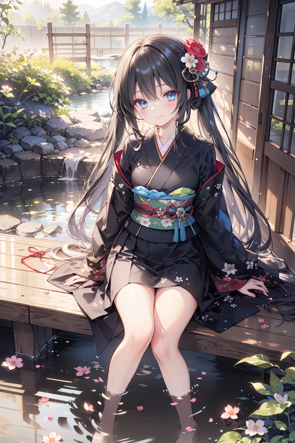  (best quality),(masterpiece),1girl, long hair, black hair, solo, blue eyes, japanese clothes, kimono, soaking feet, water, smile, looking at viewer, sitting, red kimono, very long hair, sash, closed mouth, obi, hair ornament, long sleeves, outdoors, barefoot, blush, flower, wide sleeves, skirt