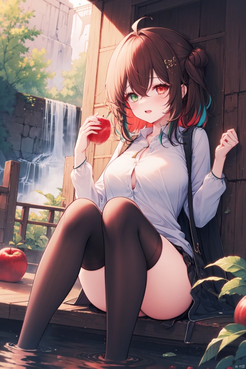  (masterpiece),(best quality),1girl, waterfall, solo, food, holding food, fruit, outdoors, breasts, tree, brown hair, heterochromia, sitting, holding fruit, holding, water, hair ornament, multicolored hair, ahoge, apple, thighhighs, day, large breasts, long sleeves, open mouth, green eyes, bangs, feet out of frame, bird, brown eyes, black thighhighs, colored inner hair, shirt, shrug \(clothing\), white shirt, hair between eyes