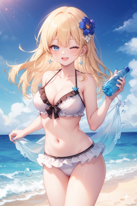 1girl, solo, swimsuit, outdoors, ramune, breasts, bottle, bikini, one eye closed, hair ornament, long hair, flower, blue eyes, hair flower, looking at viewer, smile, blonde hair, day, holding, jewelry, open mouth, holding bottle, cleavage, white bikini, navel, medium breasts, blurry, cloud, ocean, blue nails, earrings, frills, sky, halterneck,, frilled bikini, collarbone, ;d,blue sky, nail polish, cowboy shot, bare shoulders, string bikini, beach, depth of field, stomach, blush, blurry background, water, water bottle