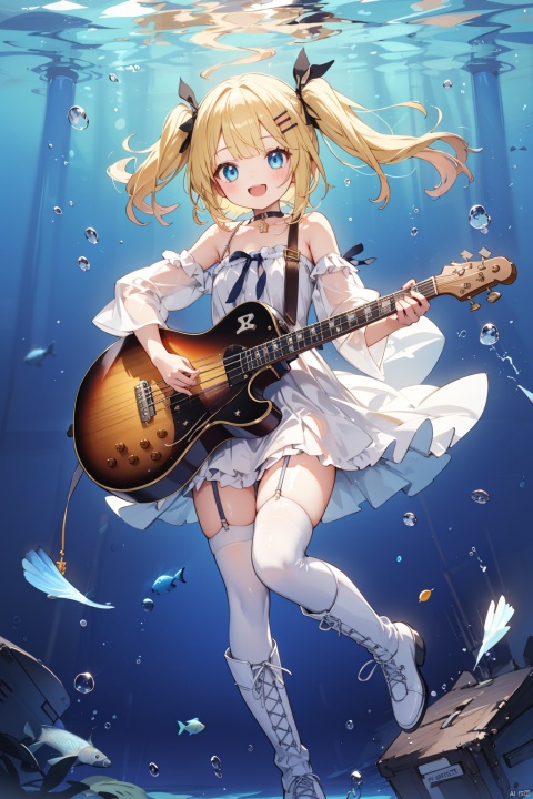 1girl, instrument, garter straps, blonde hair, thighhighs, underwater, white footwear, guitar, blue eyes, solo, dress, boots, long hair, white dress, black thighhighs, bubble, holding instrument, air bubble, smile, open mouth, knee boots, full body, playing instrument, looking at viewer, electric guitar, holding, cross-laced footwear, hair ornament, bare shoulders, bass guitar, music, detached sleeves, :d, ribbon, teeth, fish, bow, hairclip, hair ribbon, choker, lace-up boots, two side up, upper teeth only, blush, coral