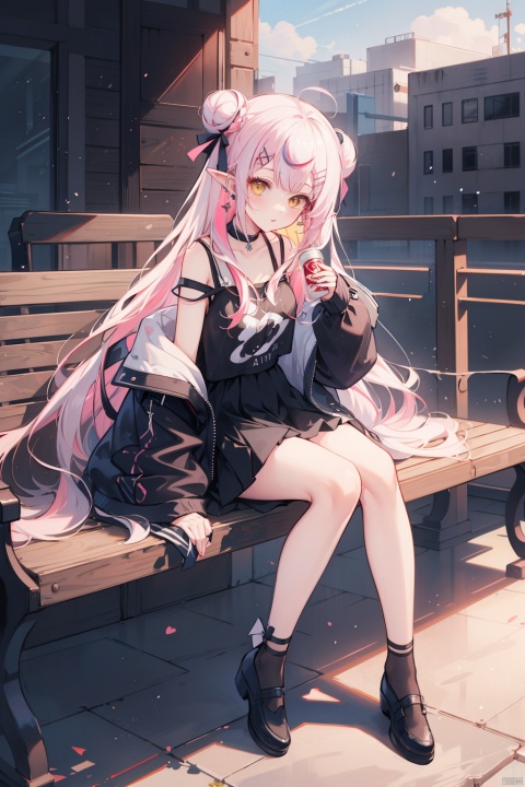  (best quality), (masterpiece),1girl, black footwear, sitting, long hair, double bun, jacket, solo, multicolored hair, shoes, hair bun, hair ornament, outdoors, black bow, looking at viewer, can, bangs, off shoulder, open jacket, white jacket, very long hair, parted lips, streaked hair, hair bow, open clothes, holding, bow, hairclip, pink hair, white hair, building, heart, bare shoulders, skirt, virtual youtuber, long sleeves, sleeves past wrists, choker, yellow eyes, black shirt, see-through, jewelry, earrings, shirt, full body, bare legs, holding can, pointy ears
