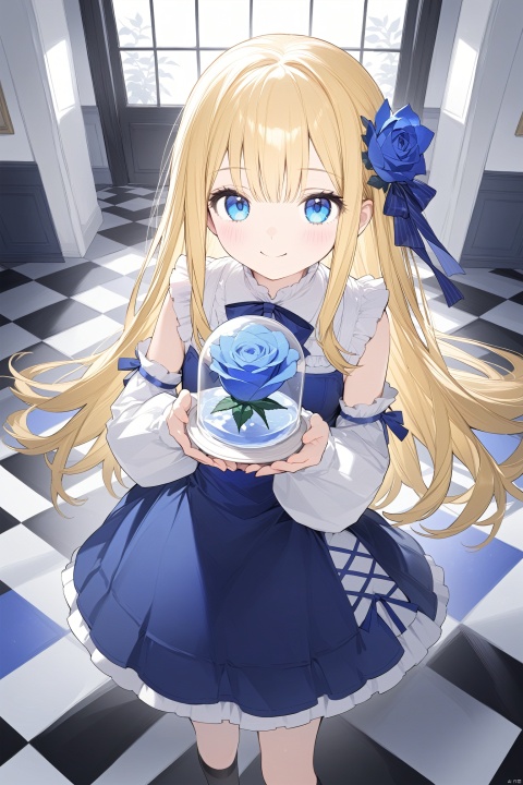 (masterpiece),(best quality),1girl, solo, blue_flower, flower, blue_eyes, long_hair, blonde_hair, blue_rose, detached_sleeves, smile, rose, skirt, long_sleeves, shirt, looking_at_viewer, closed_mouth, white_shirt, blush, bow, checkered_floor, holding, hourglass, standing, sleeveless, indoors, frills
