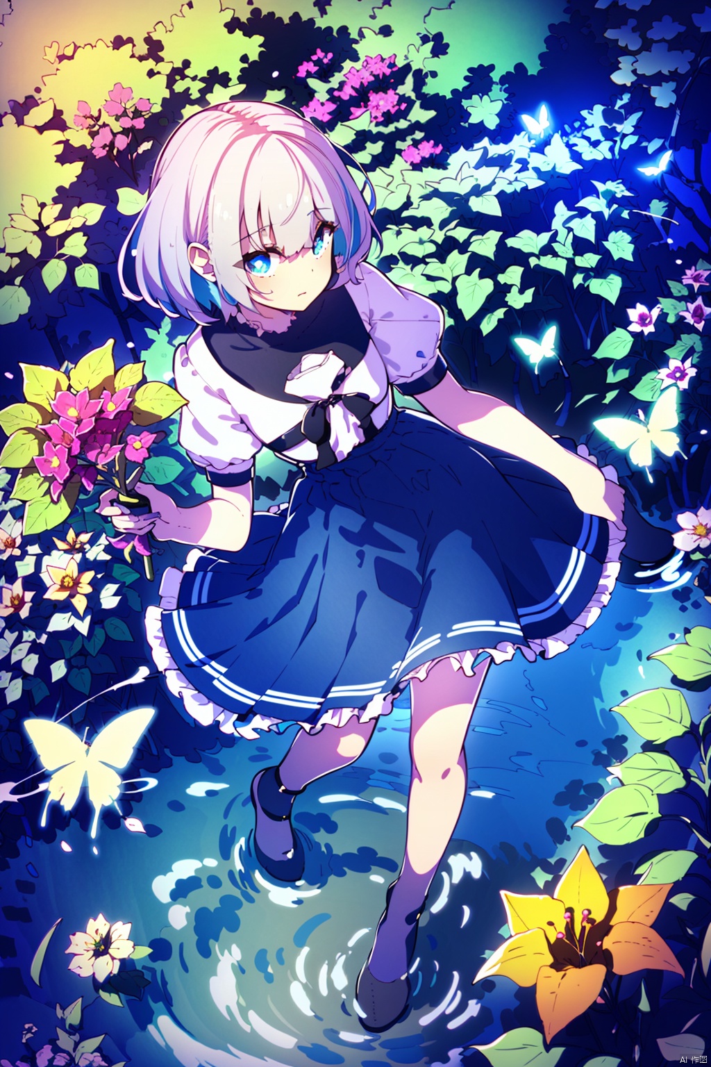  (best quality),(masterpiece),(masterpiece, best quality:1.2), illustration, absurdres, highres, extremely detailed, 1 girl, white short hair, eye highlights, dress, short puffy sleeves, frills, outdoors, flower, fluttering petals, full body, depth of field,chromatic aberration abuse,pastel color, Depth of field,garden of the sun,shiny,flowers, garden, 1girl, butterfly style, butterflies, ultra detailed, glary,Light, light particles,glitter,reflect,Put one hand on your chest,C4D,3D,bright,outdoors,gifts,candys,More details,flower ocean,winter,snowflakes,splashing water,falling petals,beautiful and delicate water,((beautiful eyes)),very delicate light,perfect and delicate limbs,nature,painting,water spray,fine luminescence,very fine 8K CG wallpaper,Lavender eyes,pink pupils,whole body,bright eyes,(an extremely delicate and beautiful girl:1.4),big eyes,eye highlights,watery eyes,looking_at_viewer,outdoors,look at the screen,Touching,
